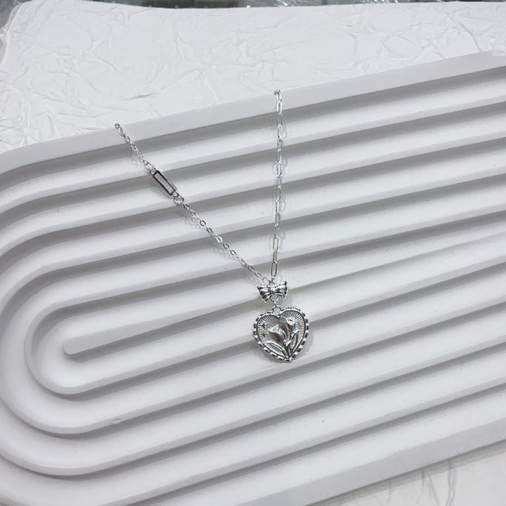 1pc 999 Sterling Silver Vintage Tulip Heart Pendant Necklace, Sweet & Retro Style, Perfect For Daily, Dating & Gifting, Ideal Valentine's Gift